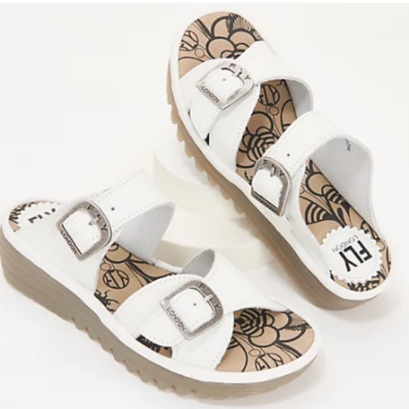 Fly London Etan White Leather Slides Wedge Heel Sandals - Picture 2 of 15